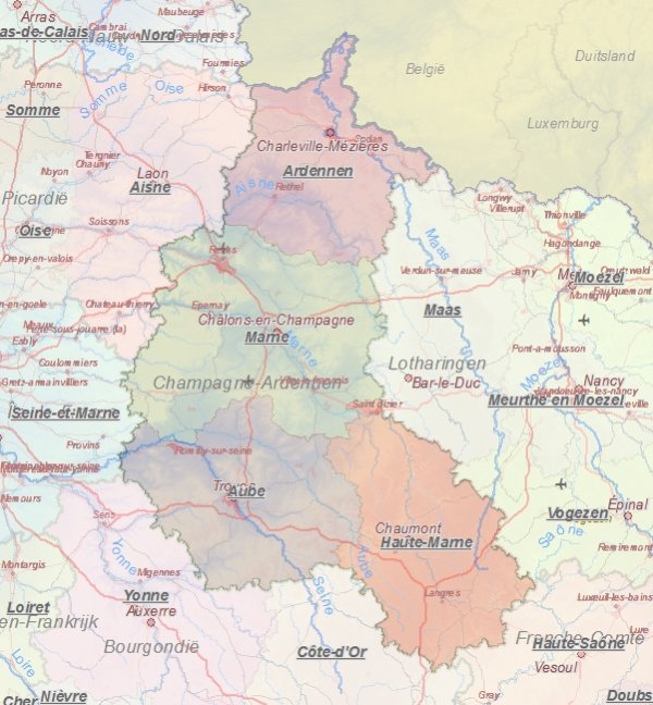 Toeristische kaart van Champagne-Ardennen