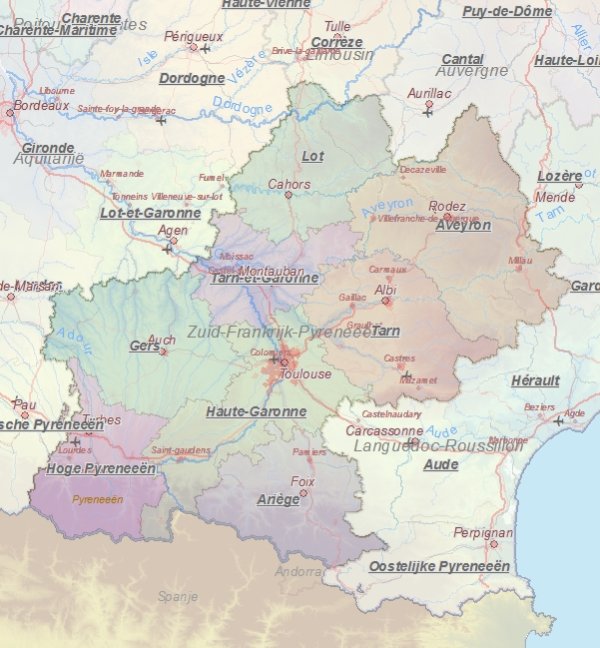 Toeristische kaart van Zuid-Frankrijk-Pyreneeën